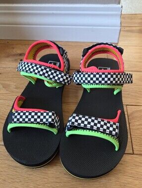 Kids Neon Black Vans Checkered Strap Sandals